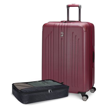 Atlantic Propeller 28″ Hardside Spinner in red stands by its packed cube. Both from Atlantic.