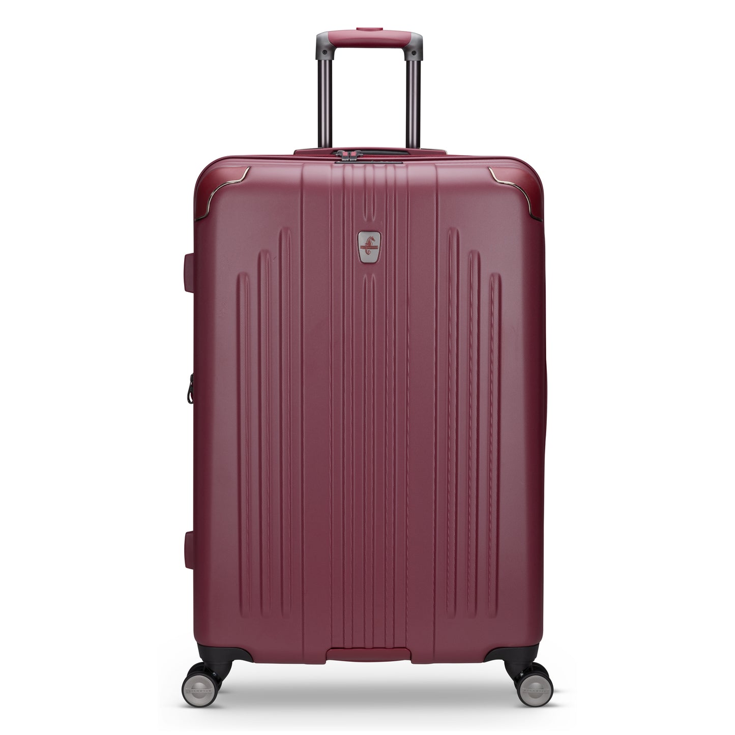 Atlantic Propeller 28″ maroon hardside expandable spinner, vertical ridges, 4 wheels, TSA lock, shown upright.