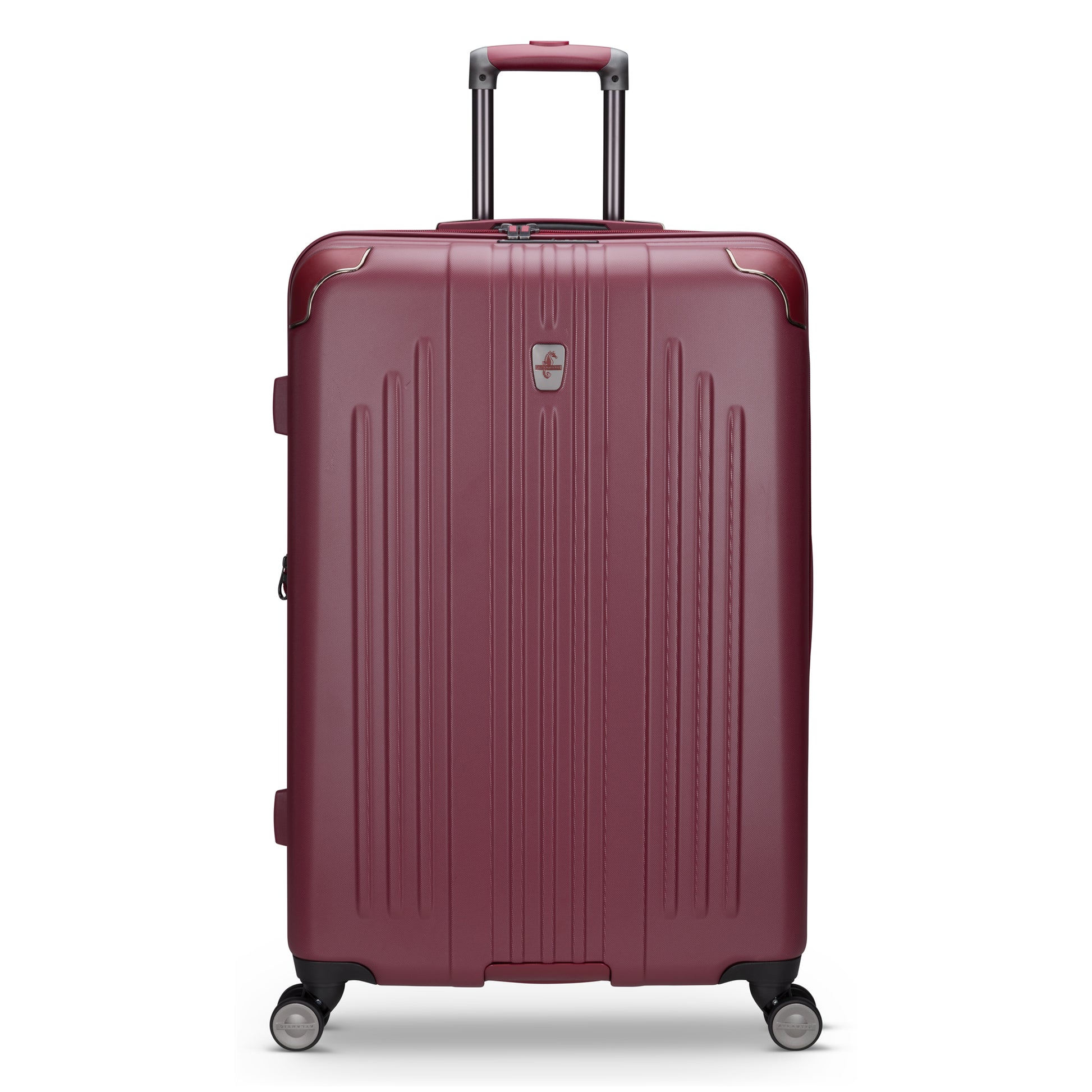 Atlantic Propeller 28″ maroon hardside expandable spinner, vertical ridges, 4 wheels, TSA lock, shown upright.