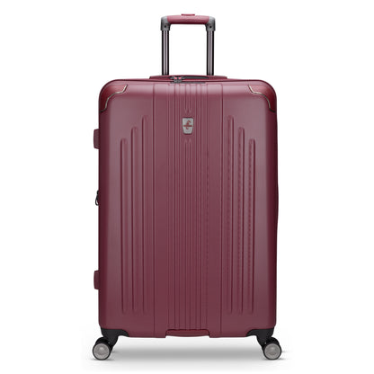 Atlantic Propeller 28″ maroon hardside expandable spinner, vertical ridges, 4 wheels, TSA lock, shown upright.