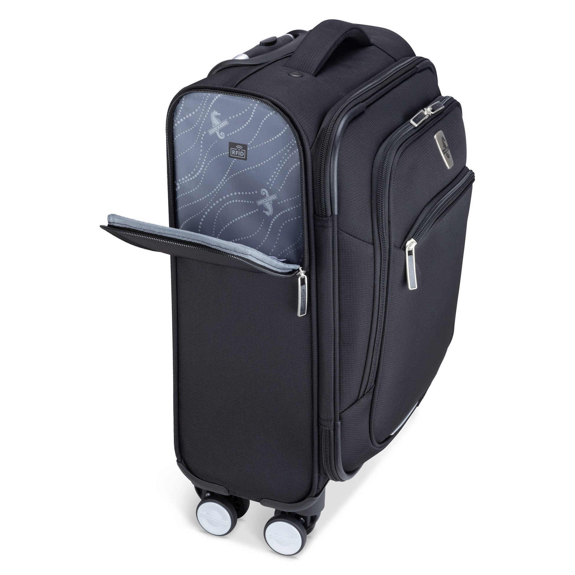 Atlantic Sailbound 19" Spinner Carry-on, black, left side angled view with side RFID pocket unzipped