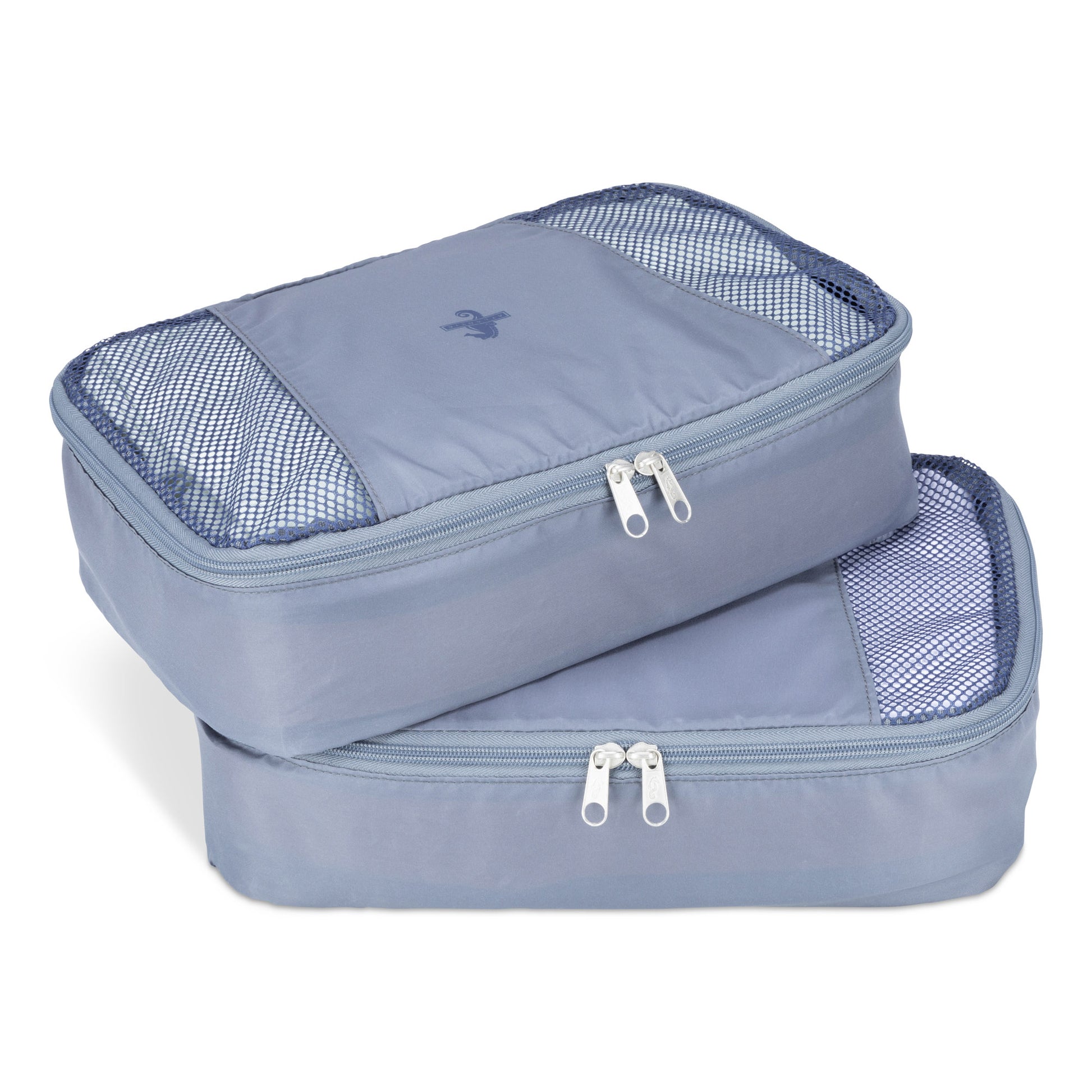 Two grey packing cubes with mesh tops, packed and stacked