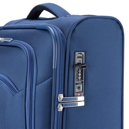 Close up of charger and TSA lock on side of blue Atlantic Sailbound 19" Spinner Carry-on