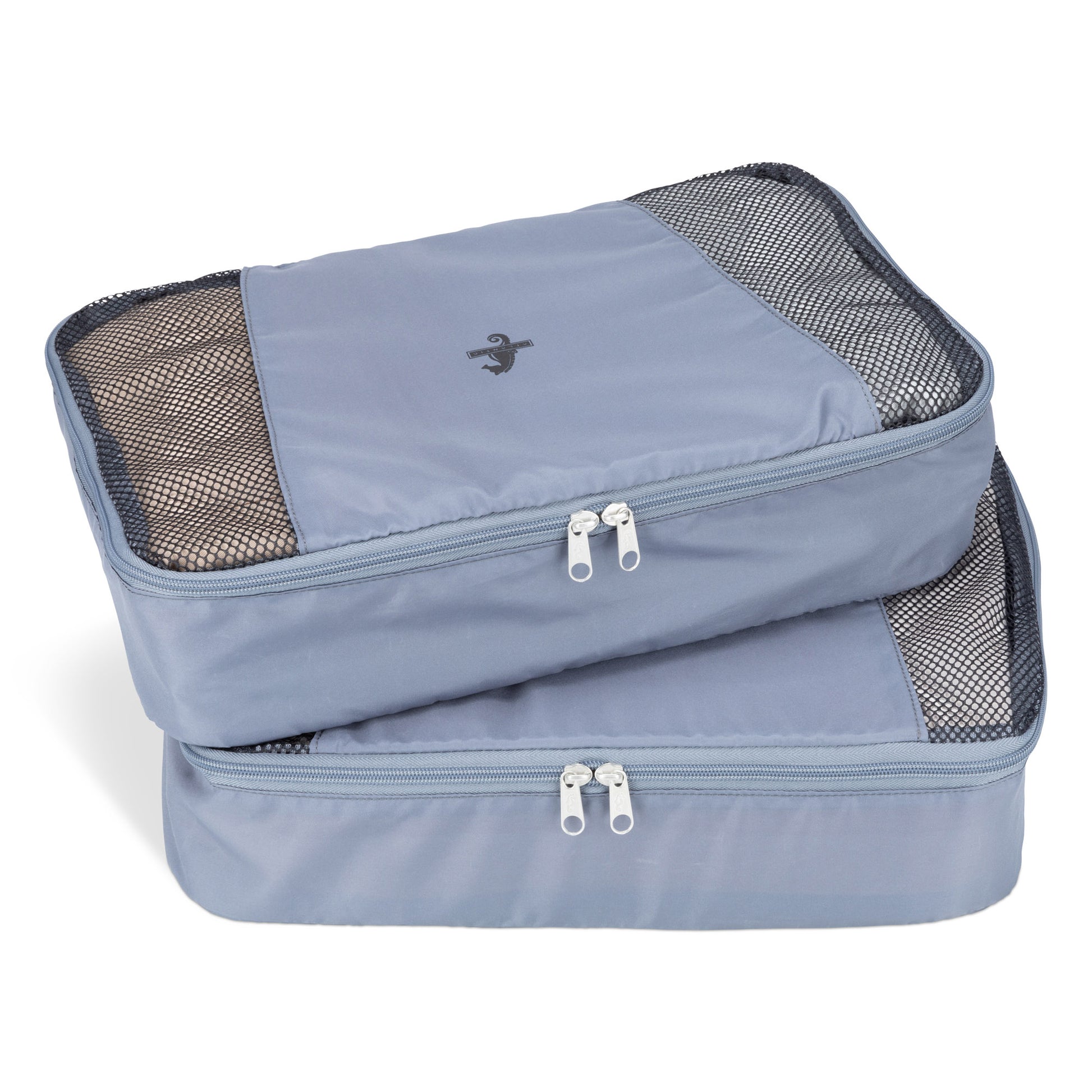 Two grey packing cubes with mesh tops, packed and stacked