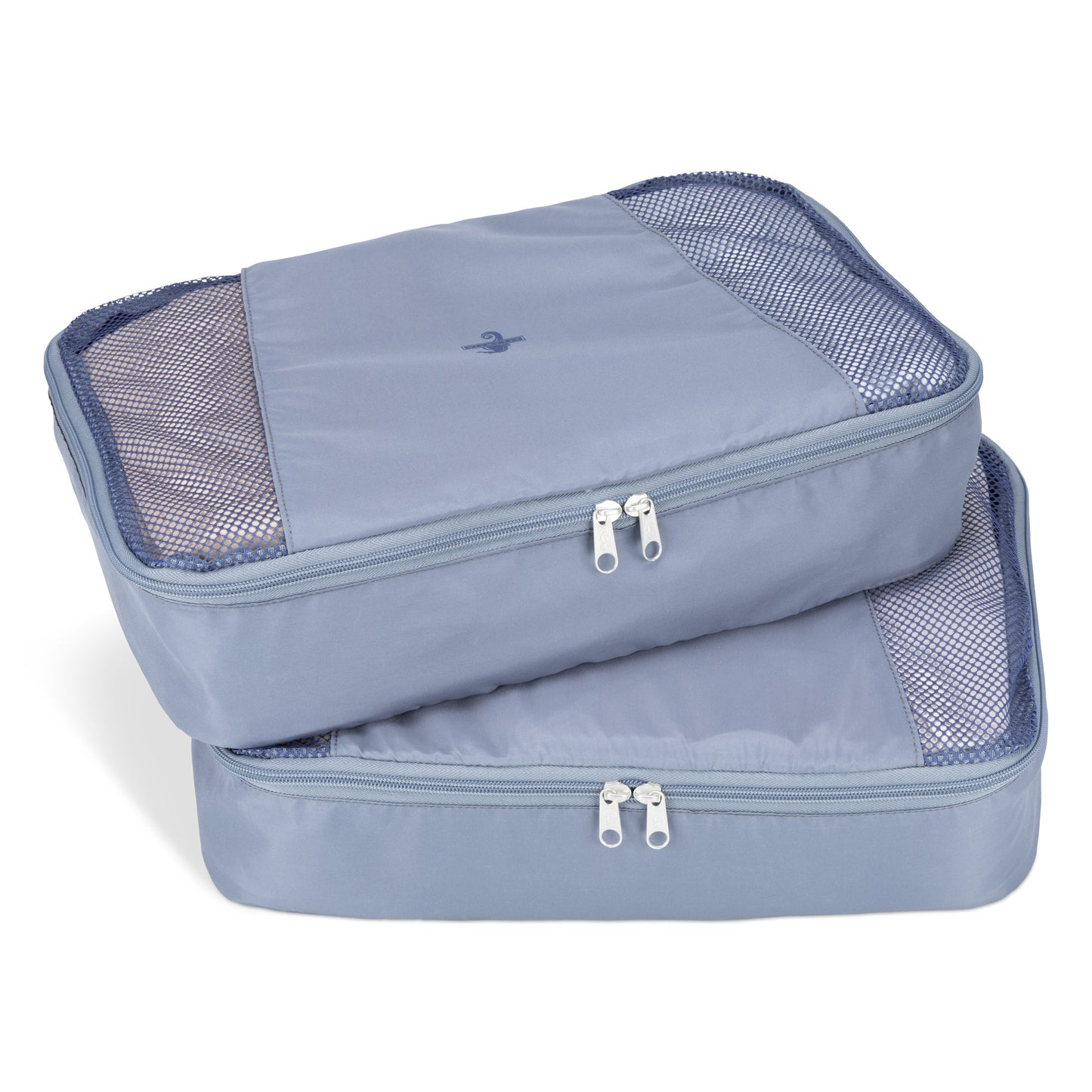 Two grey packing cubes with mesh tops, packed and stacked