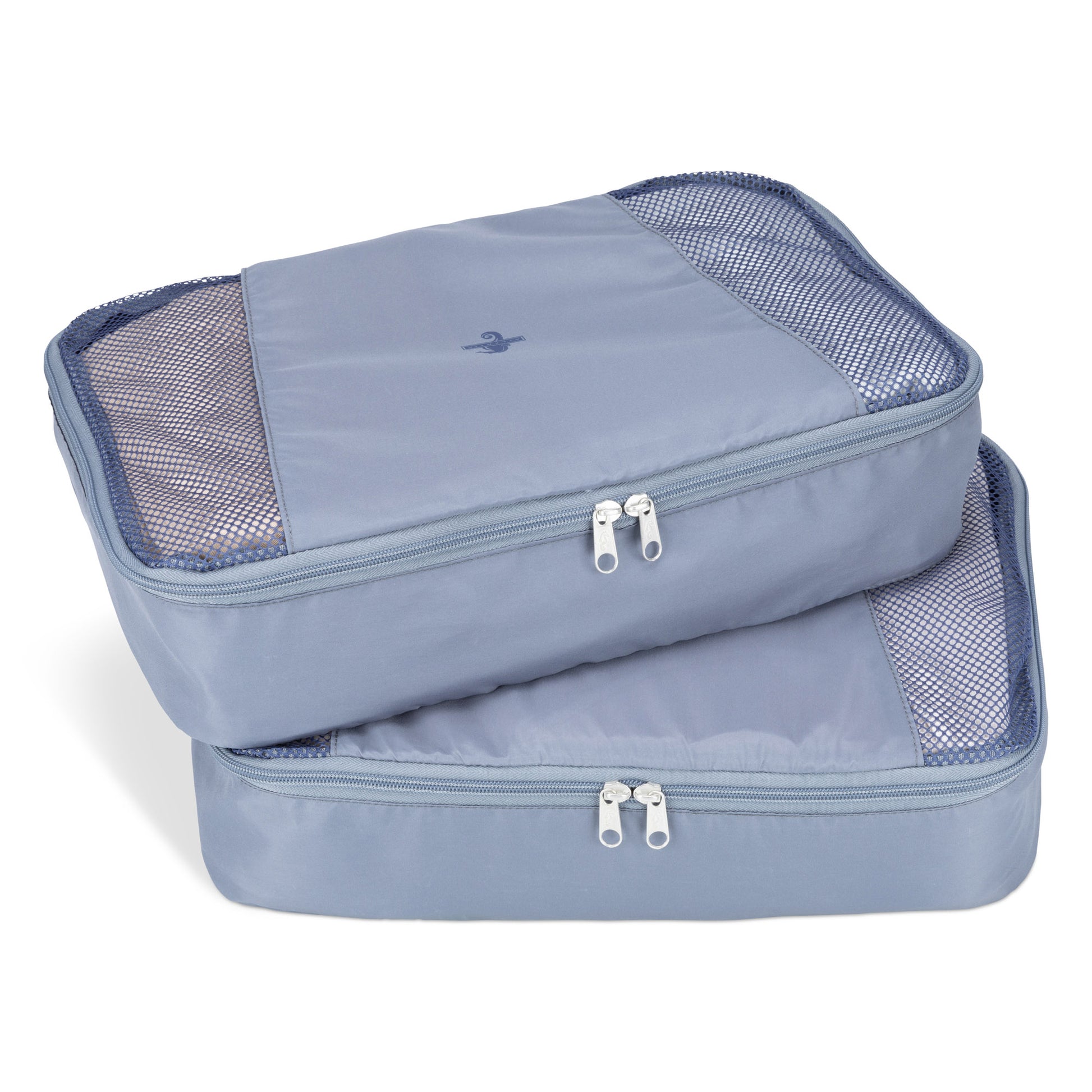 Two grey packing cubes with mesh tops, packed and stacked