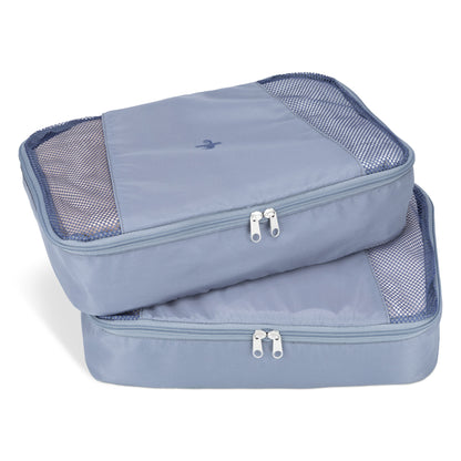 Two grey packing cubes with mesh tops, packed and stacked