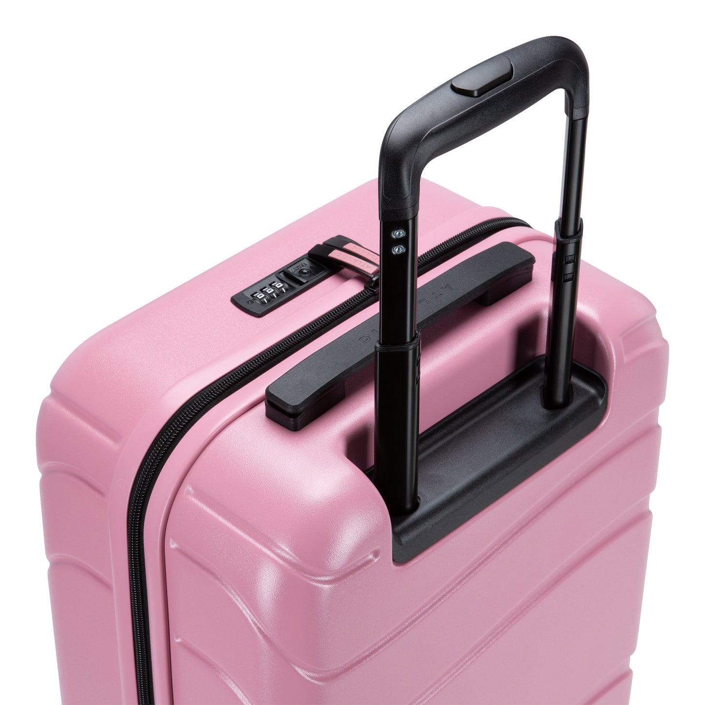 Close up of black telescopic handle on blush pink Atlantic Transmarine 19" Hardside Spinner Carry-on