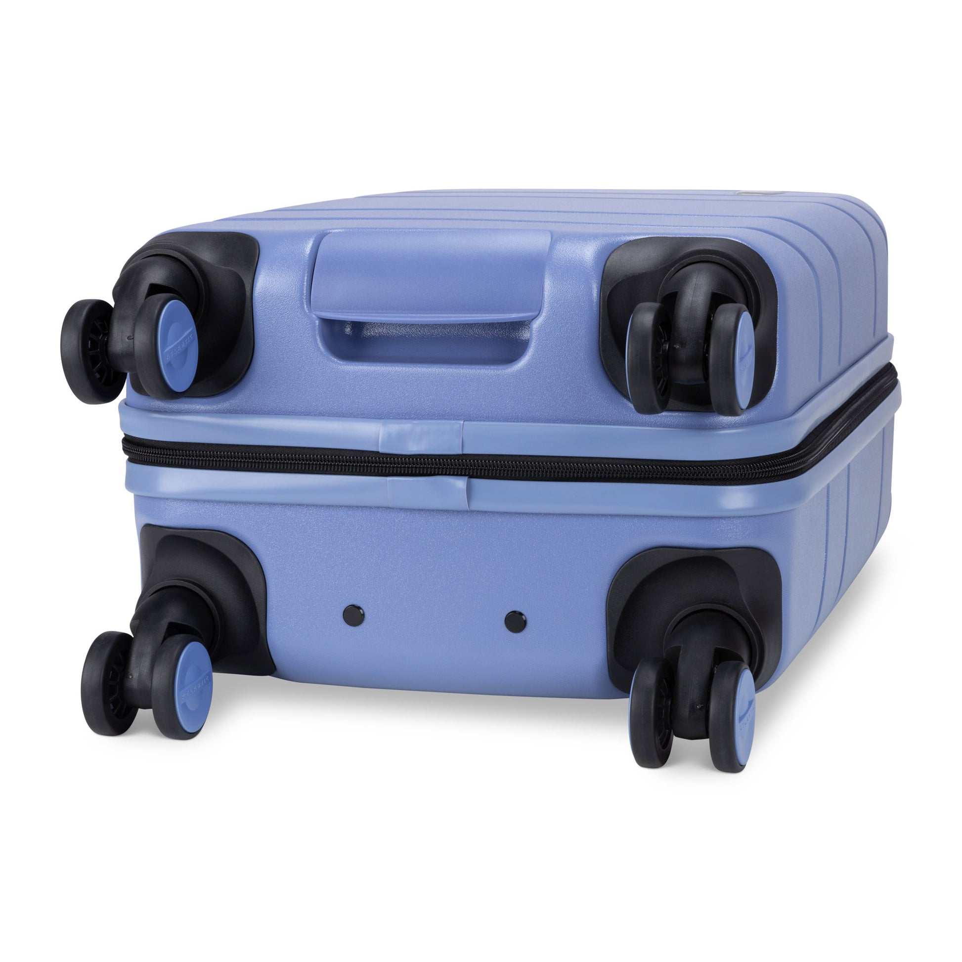 Atlantic Transmarine 19" Hardside Spinner Carry-on, endless sky blue colour, bottom view of black and blue spinner wheels