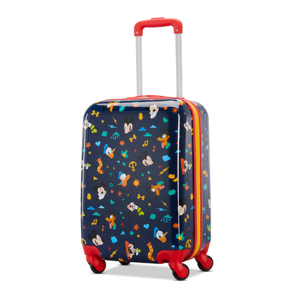 American Tourister Disney Mickey Kids Carry-on: navy hardside spinner with cartoon print and red handles.