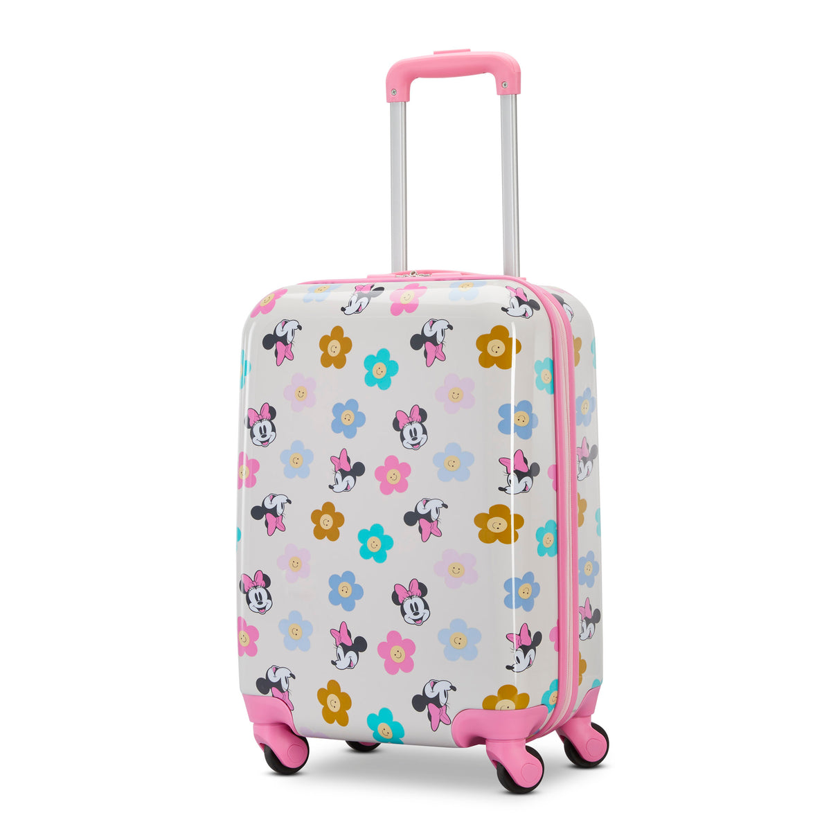 American Tourister Disney Minnie Kids Carry-on: white, pink trim, floral/cartoon design—great for kids.