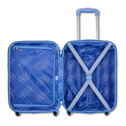 Open blue American Tourister Disney Star Wars R2D2 kids carry-on with straps and interior zip pocket.