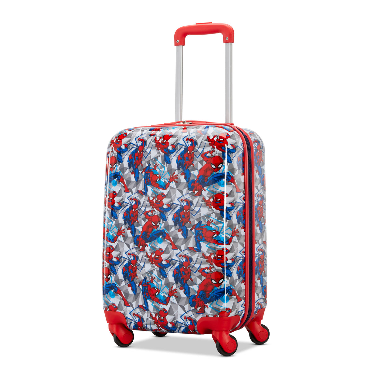 American Tourister Disney Spiderman Kids Carry-on, hardside spinner with red trim and four wheels.