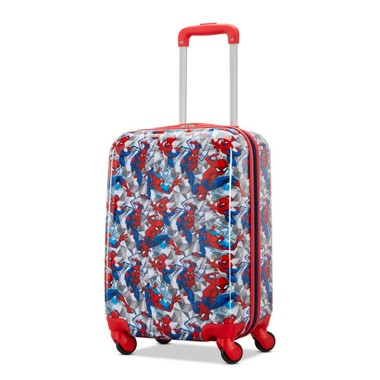 Product Image – American Tourister Disney Spiderman Kids Carry-on, hardside spinner with red trim and four wheels.