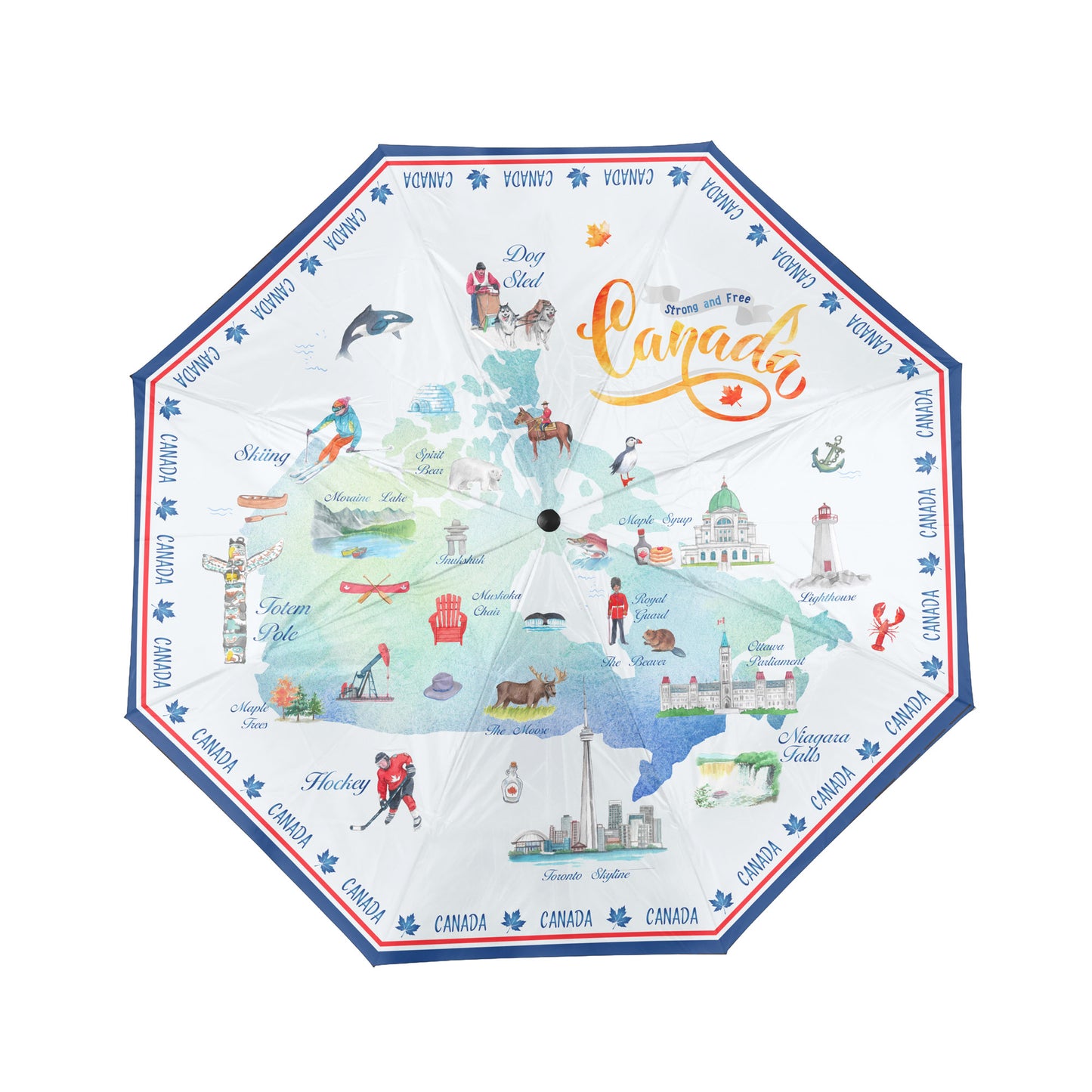 Northern Icons Canada National Landmark Map Folding Umbrella - open view.