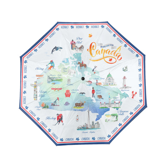 Product Image – Northern Icons Canada National Landmark Map Folding Umbrella - open view.