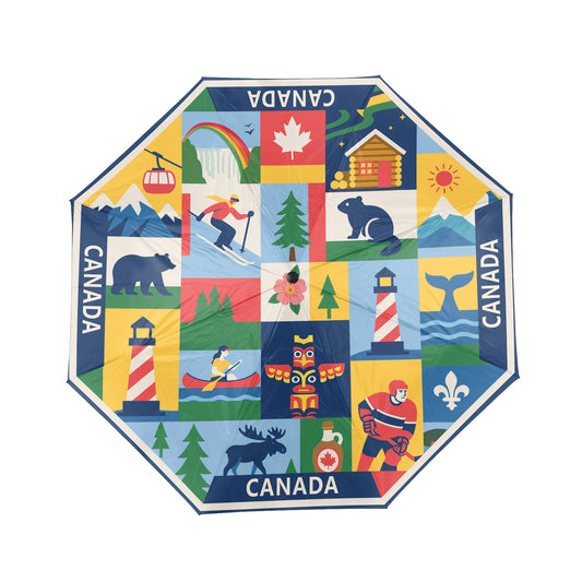 Product Image – Northern Icons Canada Heritage Icon Collage Folding Umbrella - open view.