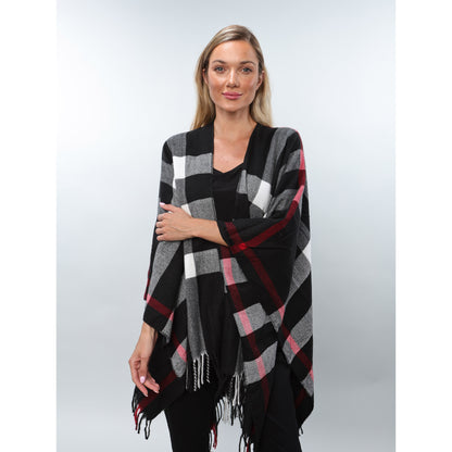 Woman wearing Alina's Plaid Cape in black