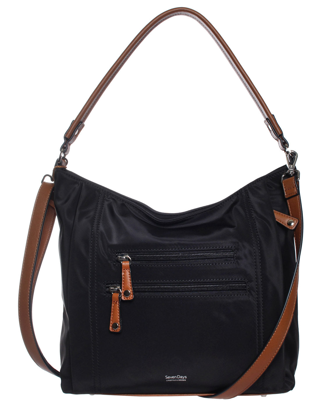 Seven Days Nylon RFID Crossbody Tote in black, close-up front view.