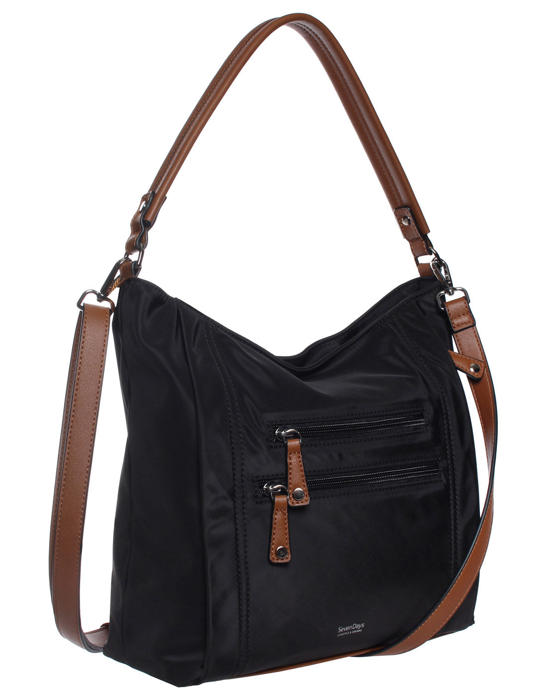 Seven Days Nylon RFID Crossbody Tote in black, front angle view.