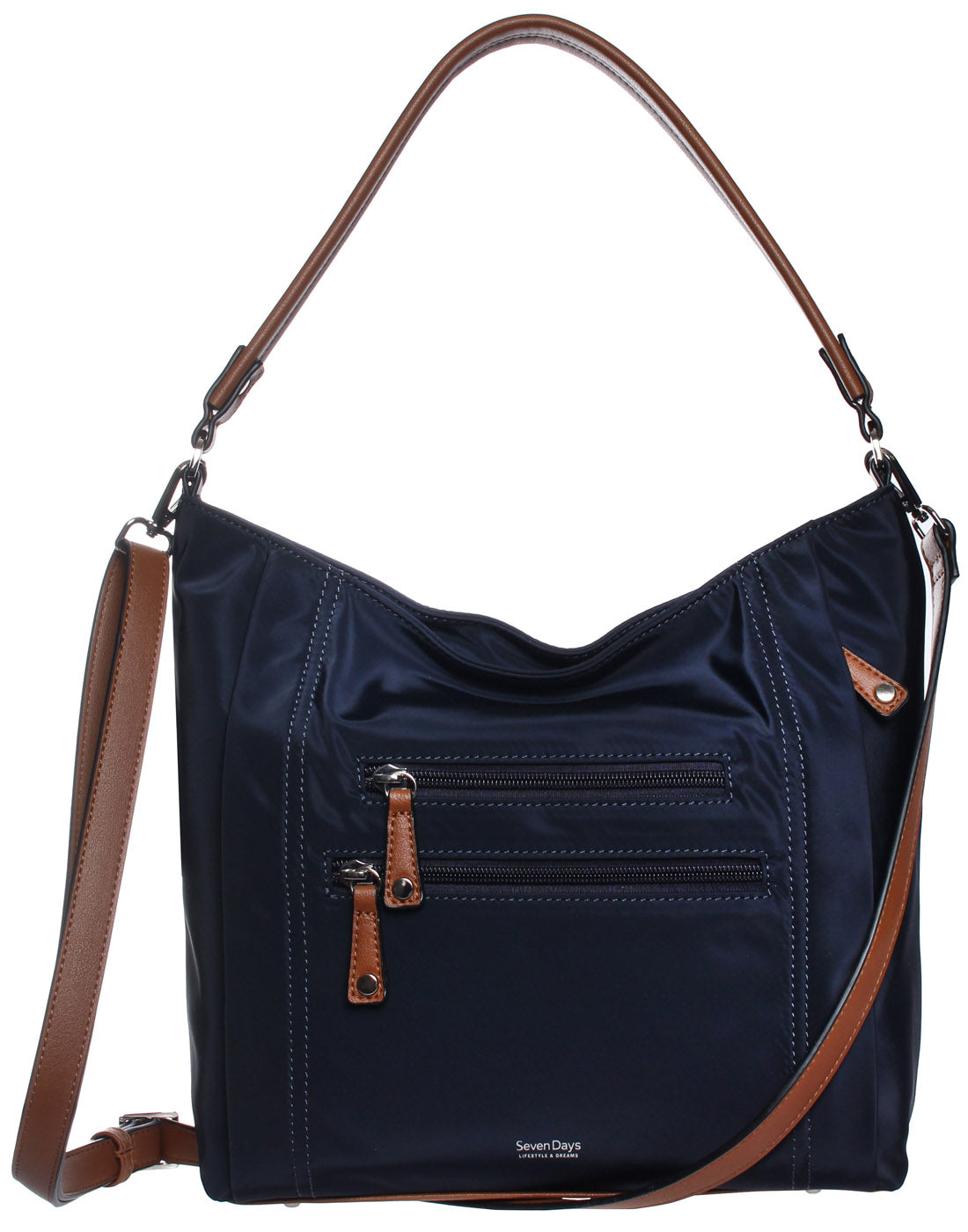 Seven Days Nylon RFID Crossbody Tote in Navy, close-up front view.