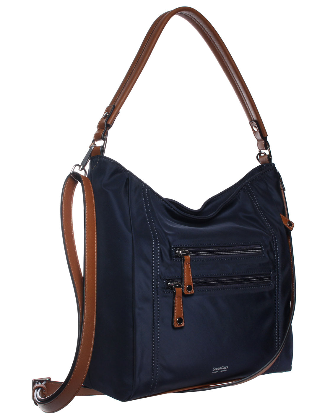 Seven Days Nylon RFID Crossbody Tote in navy, front angle view.