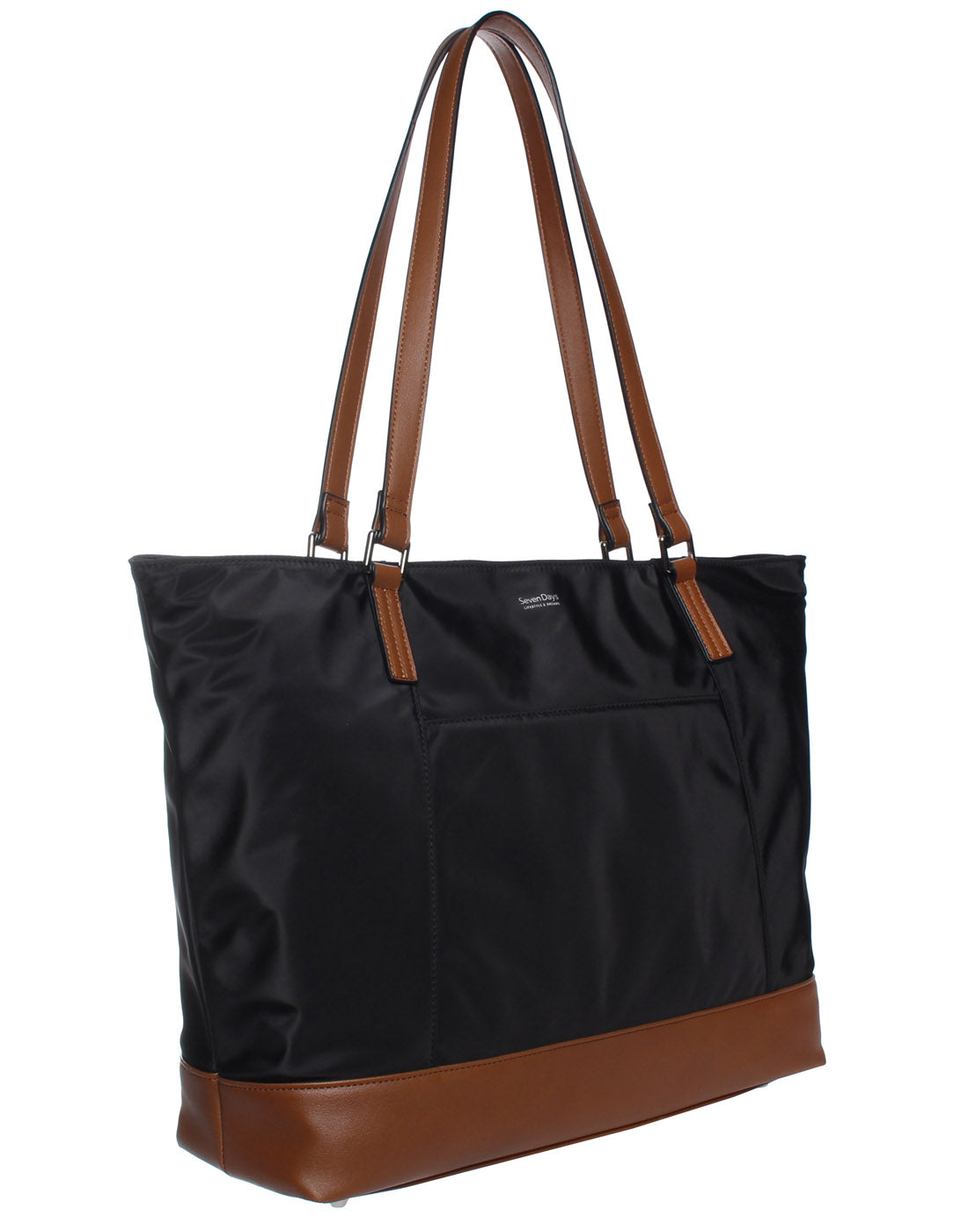 Seven Days Nylon RFID Tote with Eco Trim in black, front angle view.