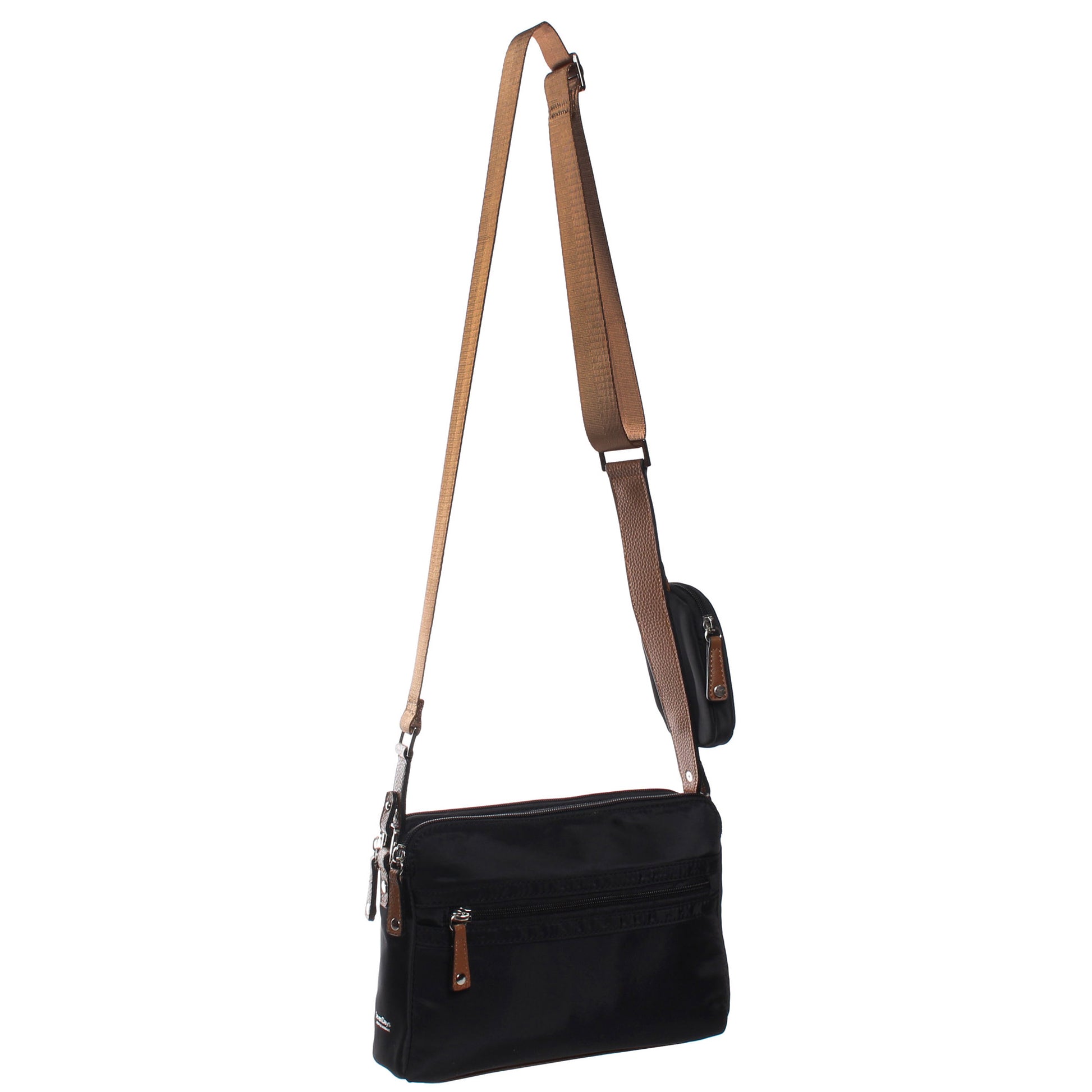 Introducing the SevenDays Nylon RFID Crossbody with Eco Trim by Seven Days, showcasing a modern black design paired with a brown adjustable strap and offering three separate compartments for superior organization.