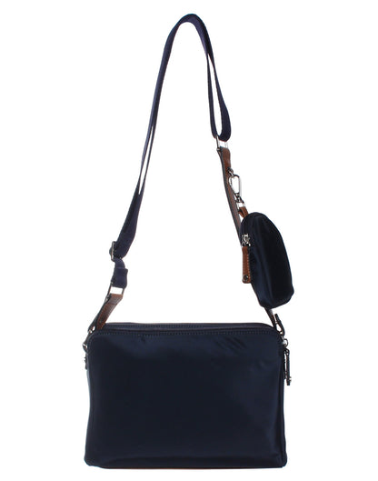 Seven Days Nylon RFID Crossbody with Eco Trim in navy, back view.