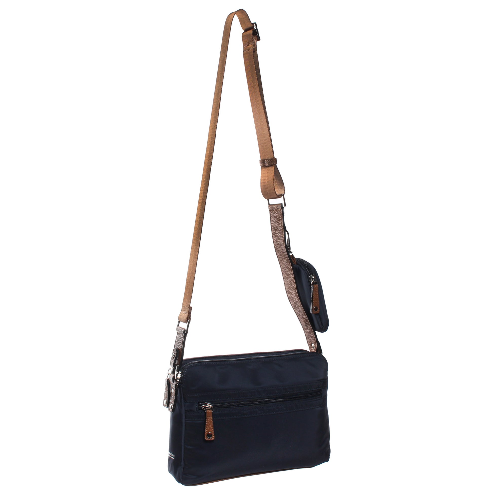 Introducing the SevenDays Nylon RFID Crossbody with Eco Trim by Seven Days, a stylish navy bag that includes a brown adjustable strap and offers convenience with its three compartments and secure zipper pockets.