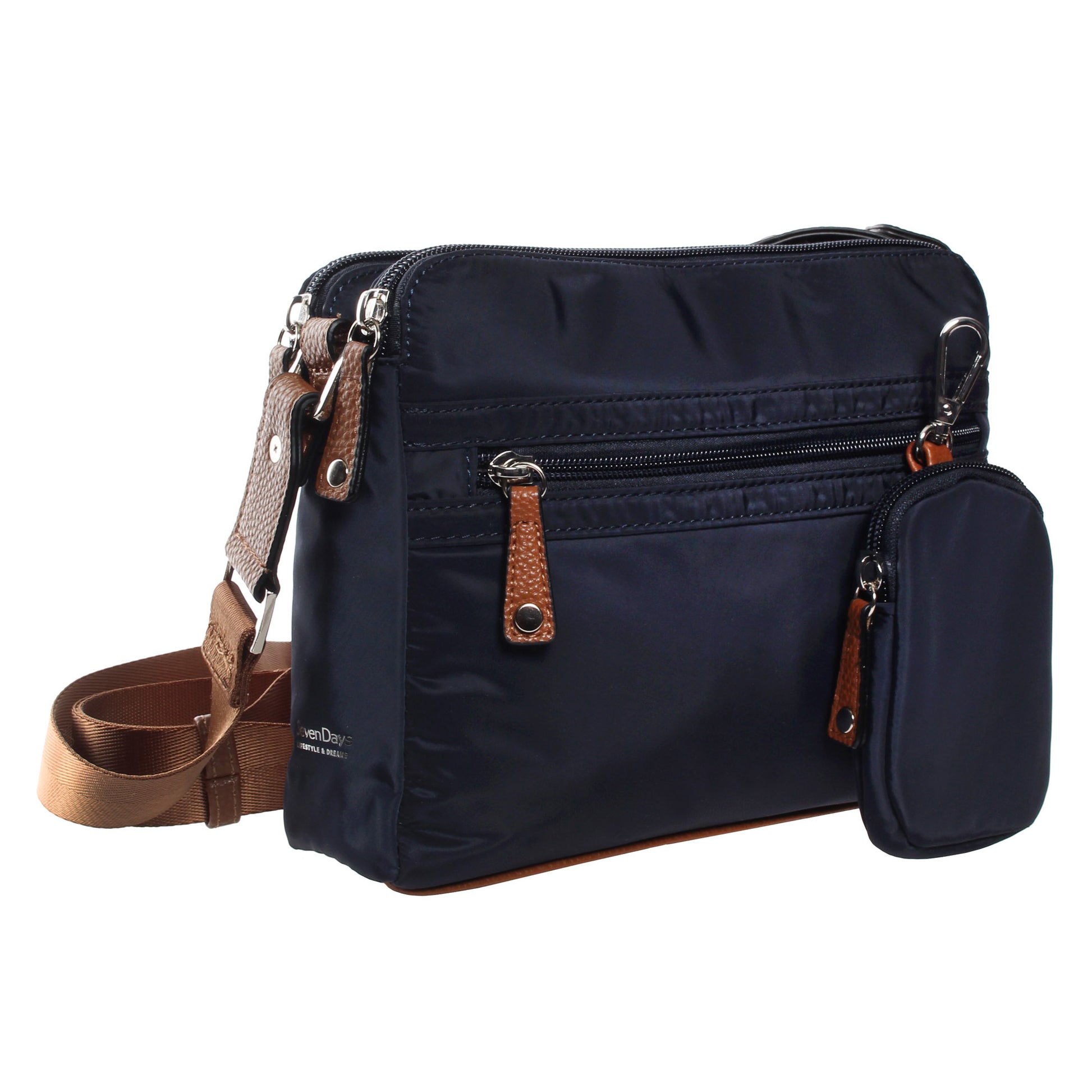 The SevenDays Nylon RFID Crossbody with Eco Trim by Seven Days is a stylish navy bag that offers triple compartments, multiple zippers, and a detachable pouch for versatile storage solutions. Its adjustable strap guarantees a comfortable fit for any outing.