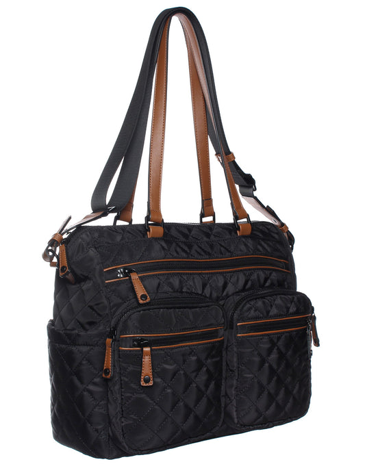 Product Image – Seven Days Quilted RFID Tote in black, front angle view.