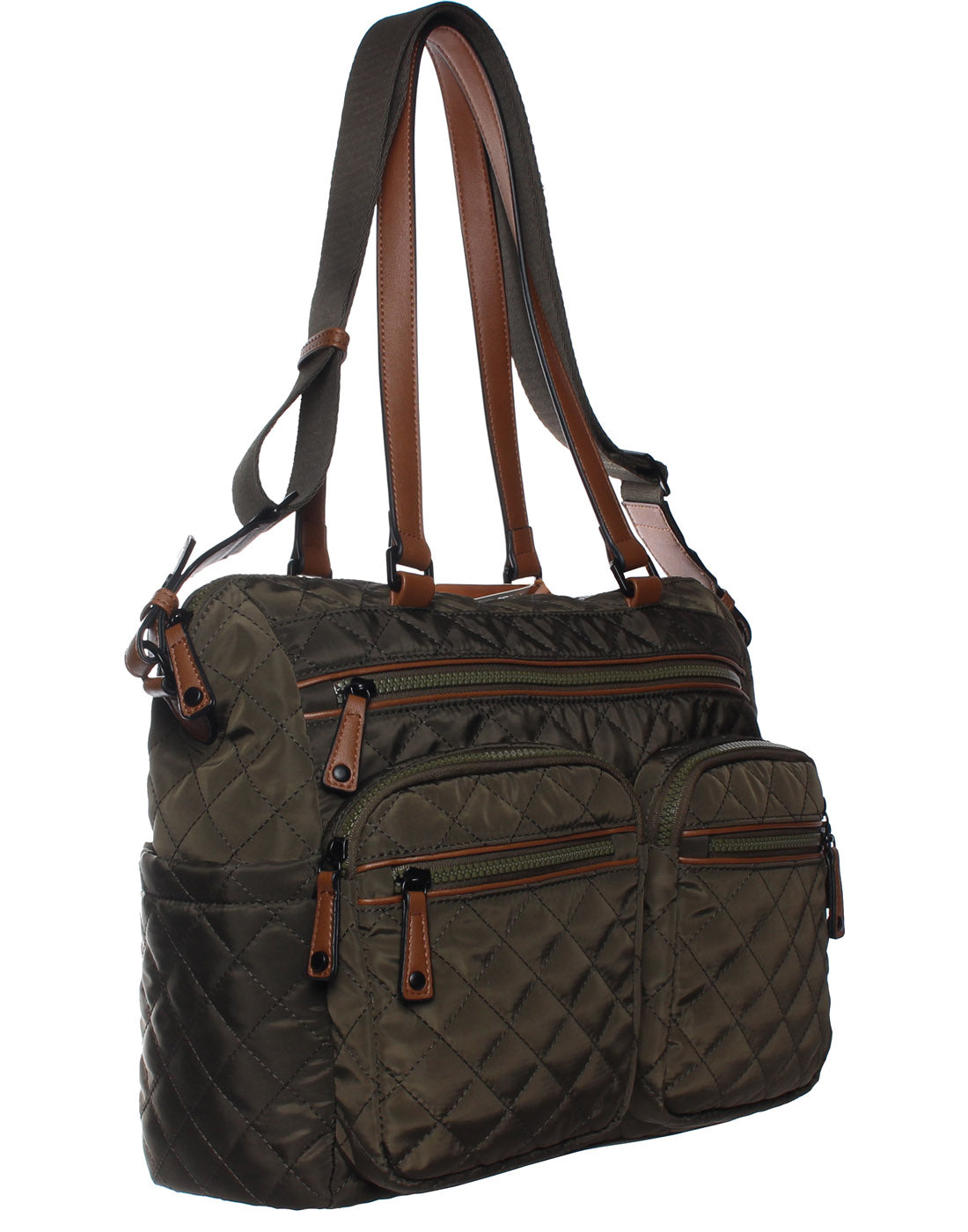 Seven Days Quilted RFID Tote in olive, front angle view.