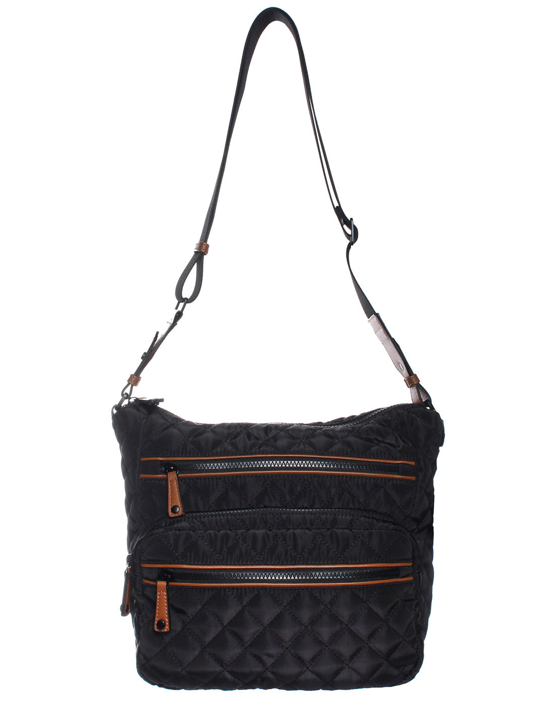 Seven Days Quilted RFID Multi Zip Crossbody in black, front view.