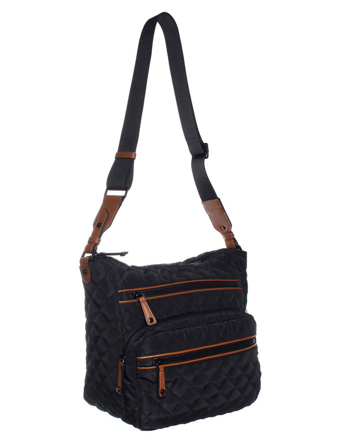 Seven Days Quilted RFID Multi Zip Crossbody in black, front angle view.