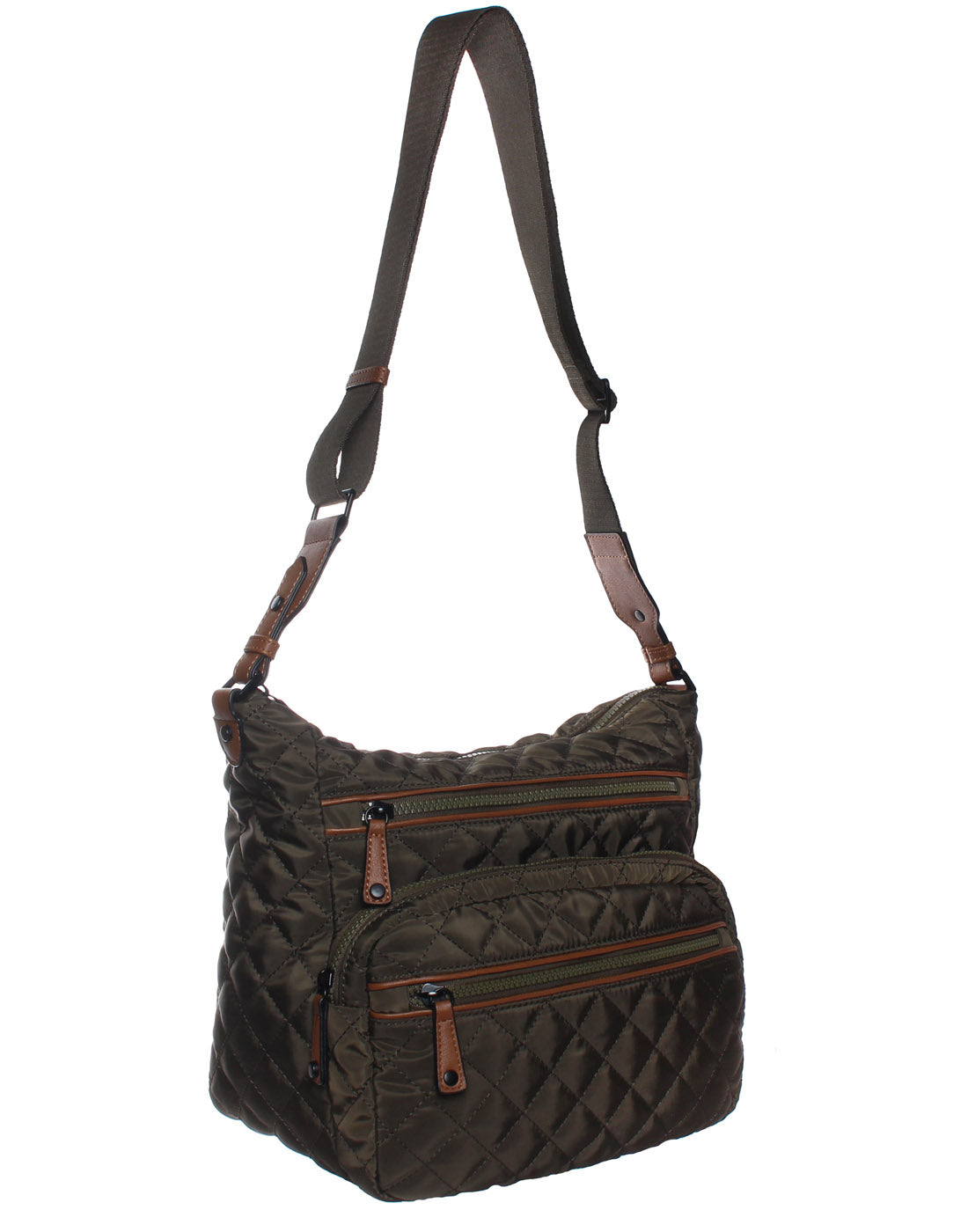 Seven Days Quilted RFID Multi Zip Crossbody in olive, front angle view.