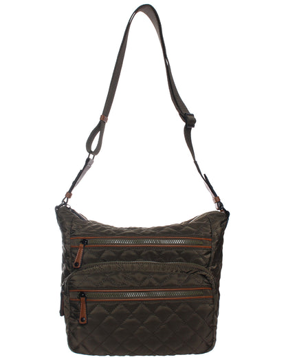 Seven Days Quilted RFID Multi Zip Crossbody in olive, front view.