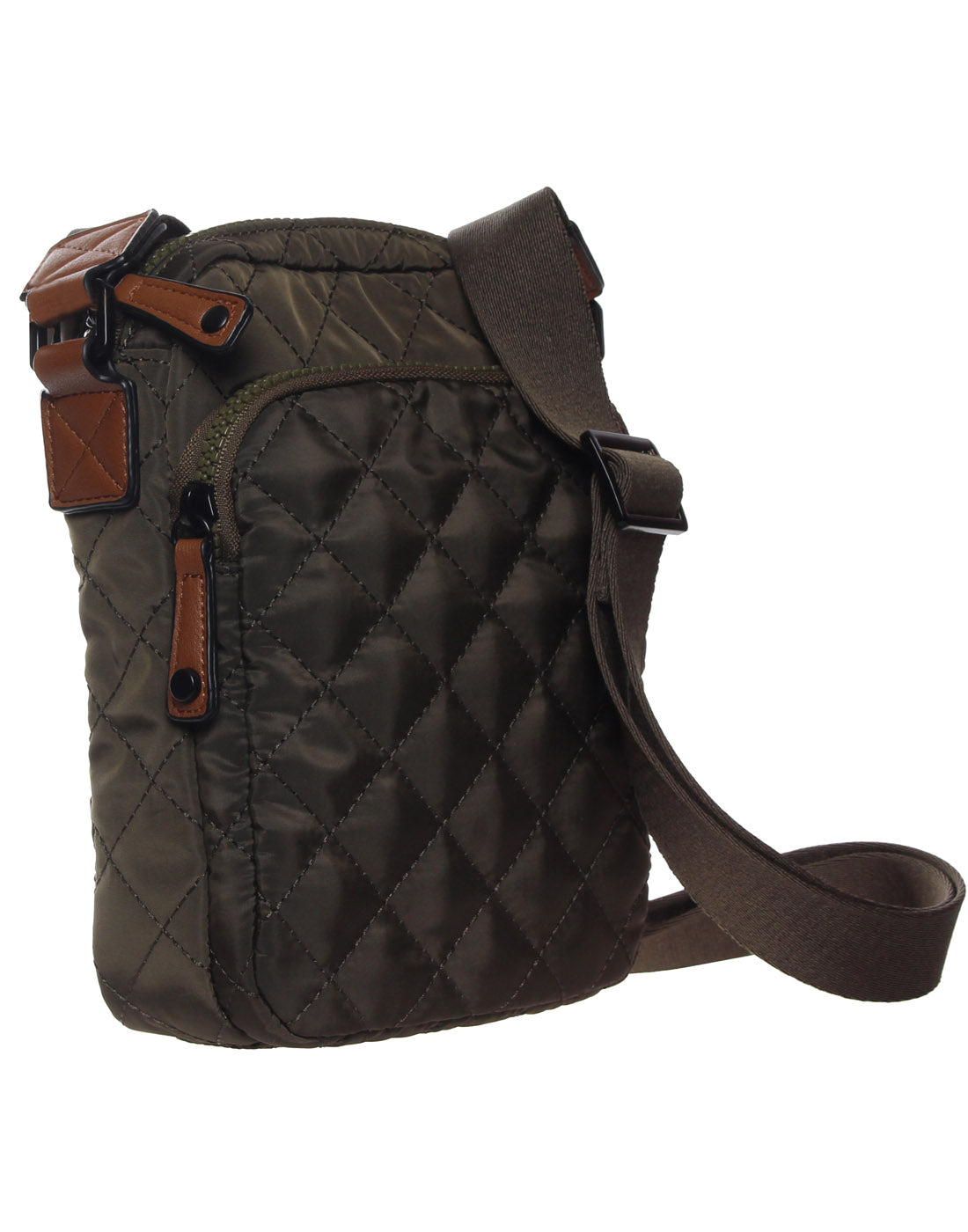 Seven Days Quilted RFID Crossbody in olive, front angle view.