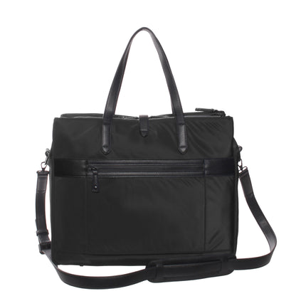 The SevenDays Tote by SevenDays is black with top handles, a front zip pocket, and an adjustable shoulder strap.