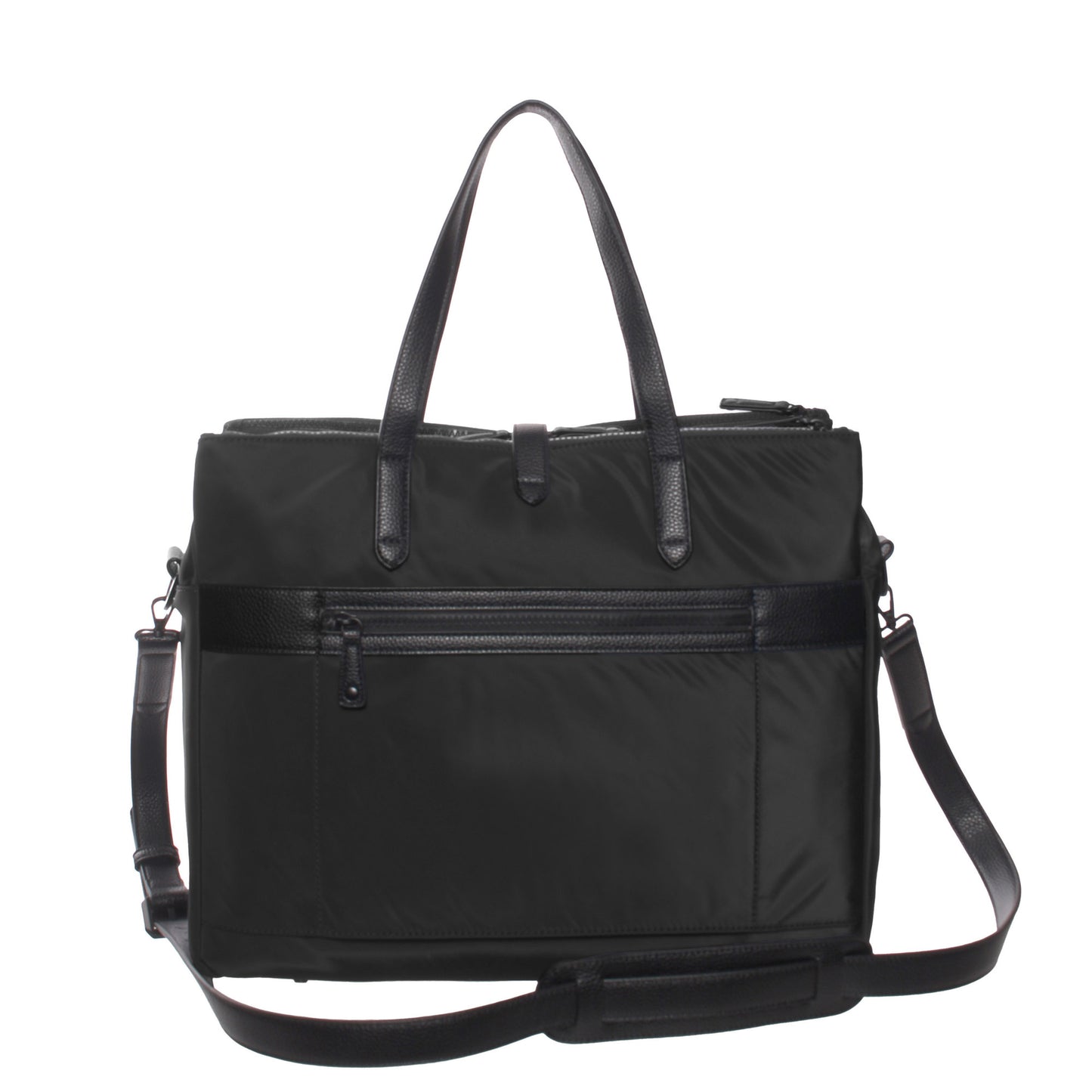 The SevenDays Tote by SevenDays is black with top handles, a front zip pocket, and an adjustable shoulder strap.