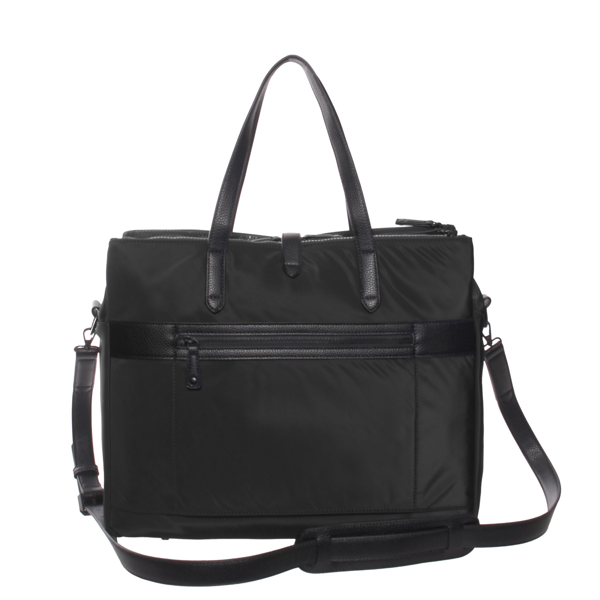 The SevenDays Tote by SevenDays is black with top handles, a front zip pocket, and an adjustable shoulder strap.
