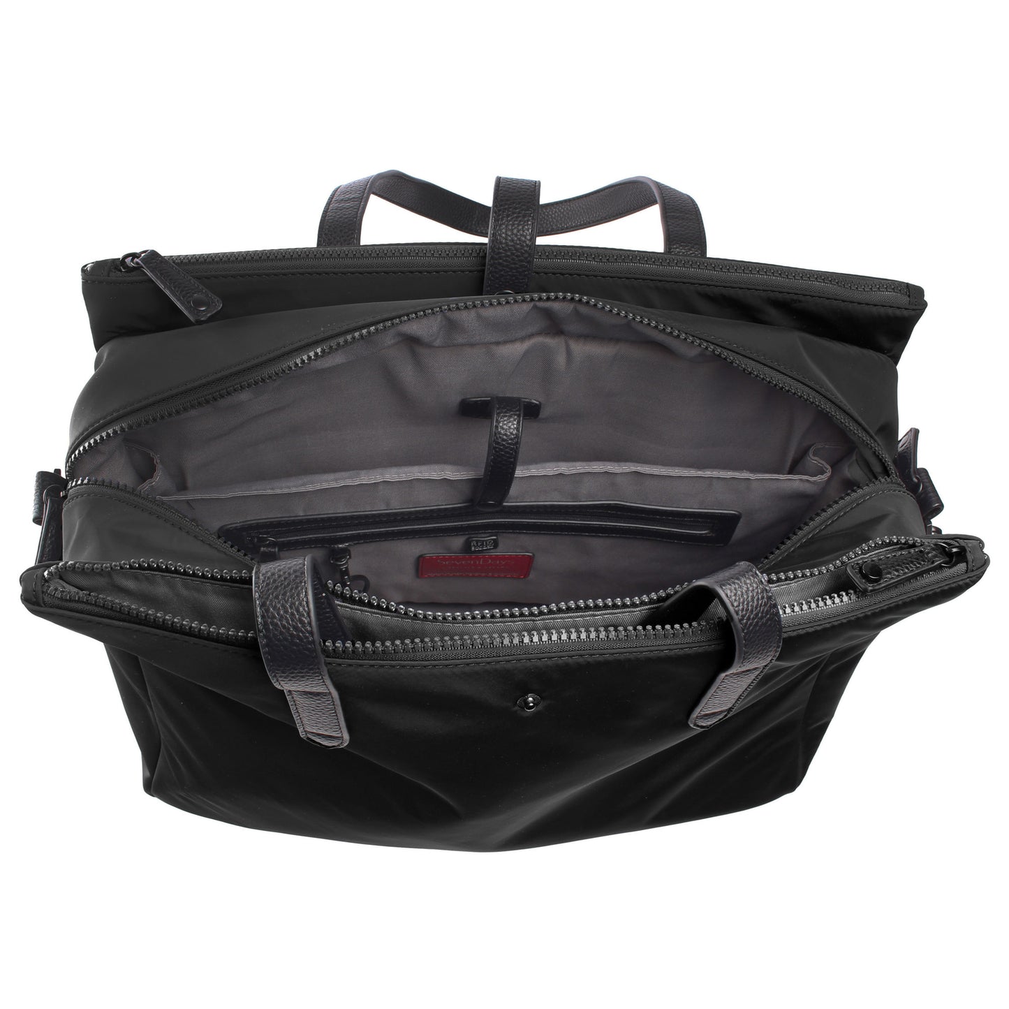 Open SevenDays Tote by SevenDays shows gray lining, multiple compartments, and leather handles.