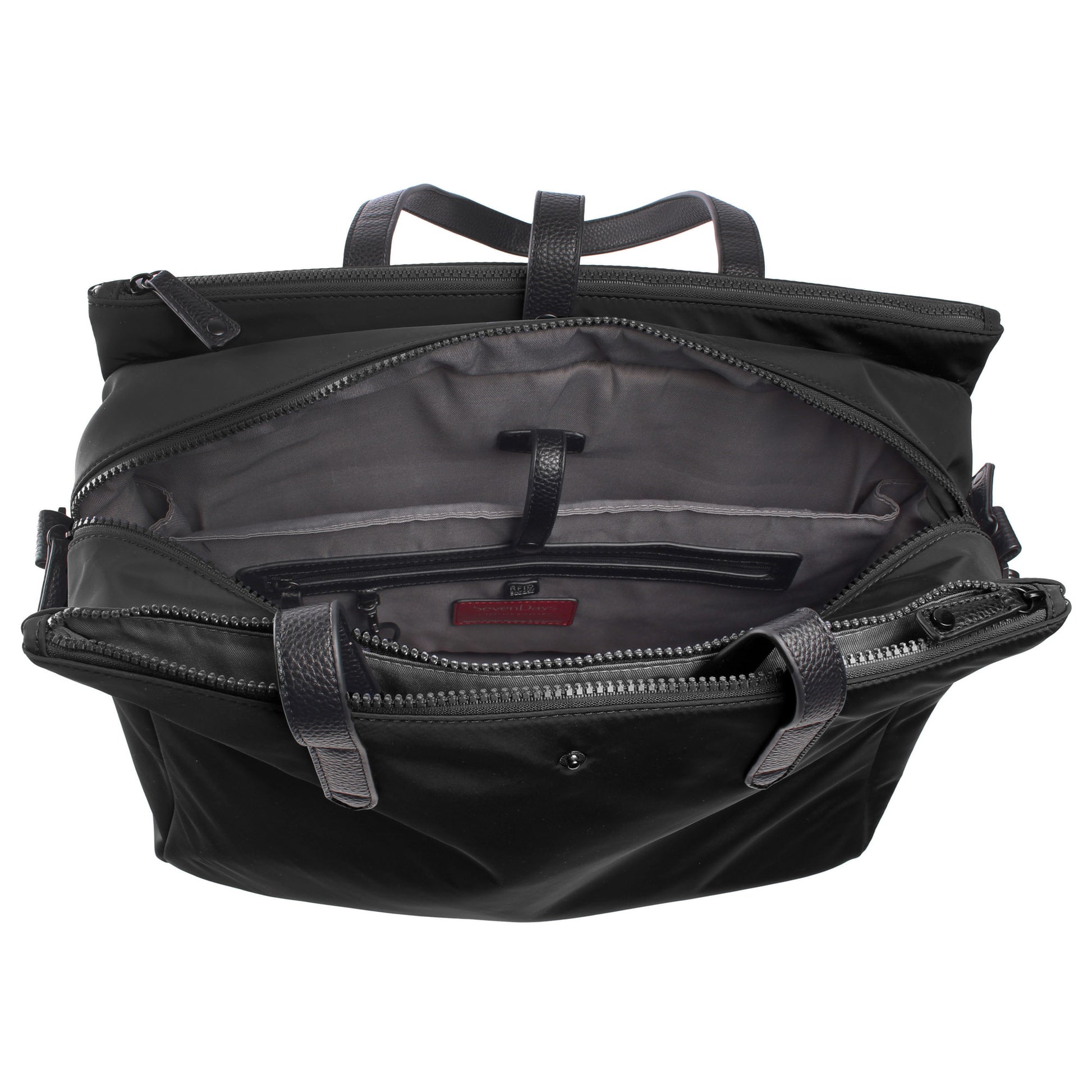 Open SevenDays Tote by SevenDays shows gray lining, multiple compartments, and leather handles.