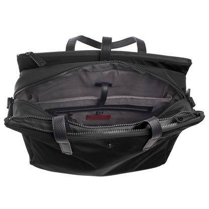 Open SevenDays Tote by SevenDays shows gray lining, multiple compartments, and leather handles.