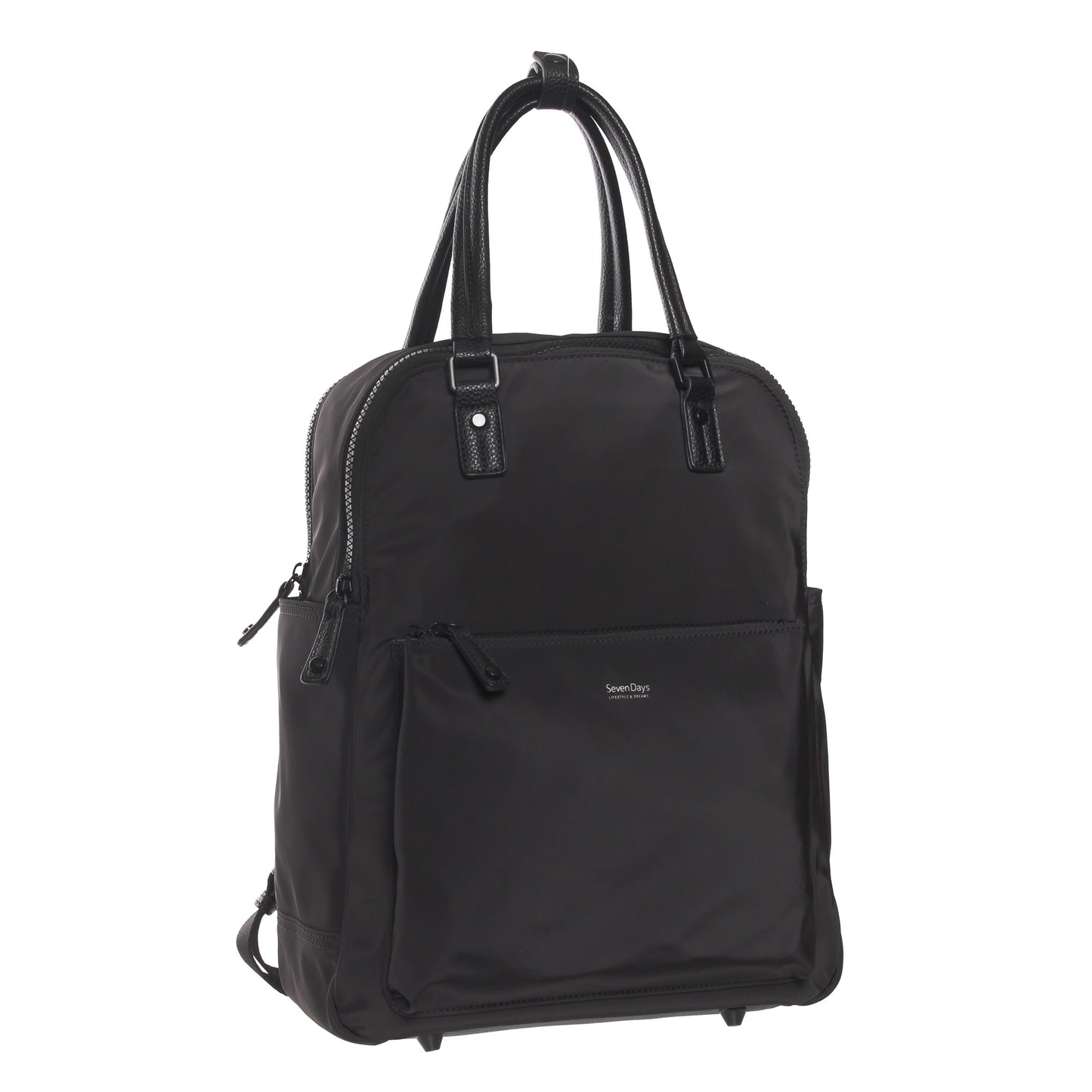 The SevenDays Backpack Tote in black features dual handles and a front zip pocket, ideal as a laptop bag.