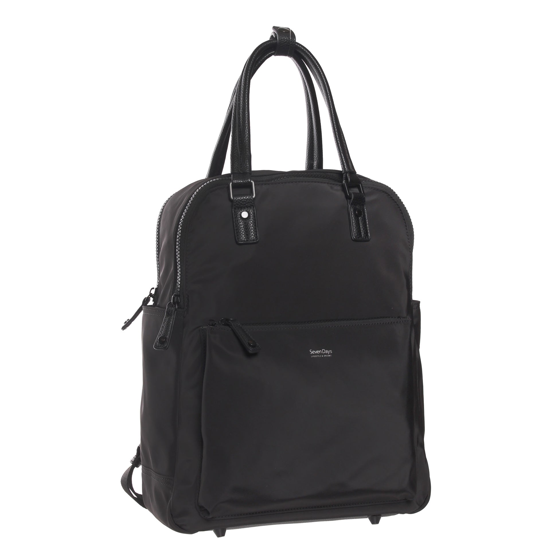 The SevenDays Backpack Tote in black features dual handles and a front zip pocket, ideal as a laptop bag.
