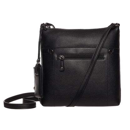 SevenDays Cedar Chic RFID Crossbody in black leather with front zip pocket and adjustable strap on white background.