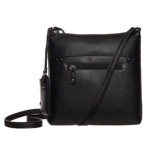 Product Image – SevenDays Cedar Chic RFID Crossbody in black leather with front zip pocket and adjustable strap on white background.
