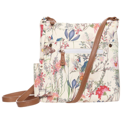 SevenDays Cedar Chic RFID Crossbody: cream floral bag with adjustable strap and multiple zippered pockets.