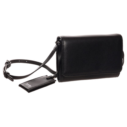 The SevenDays Verdant RFID Flapover Crossbody is a black leather bag with an adjustable strap and matching tag.